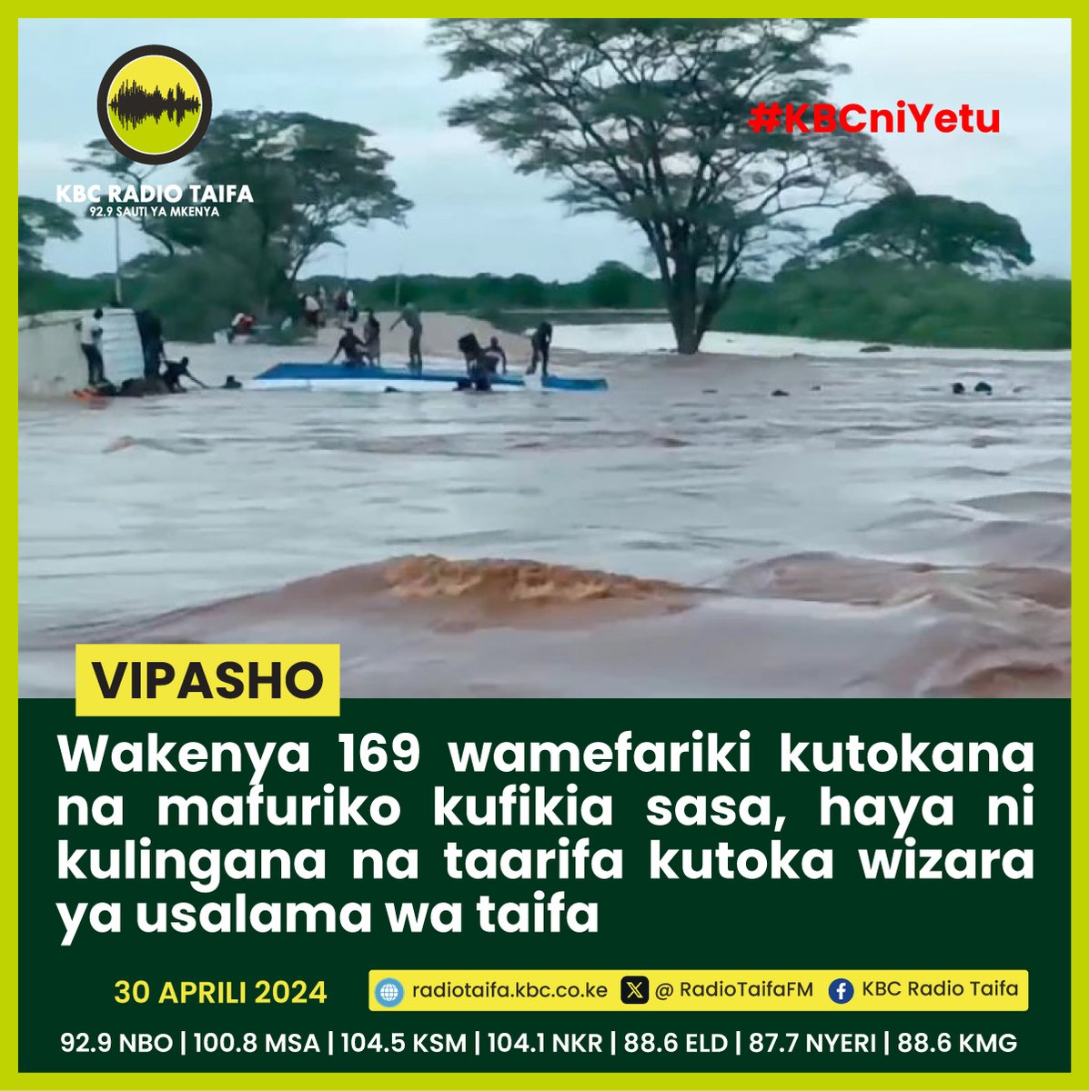 Wakenya 169 wamefariki kutokana na mafuriko kufikia sasa, haya ni kulingana na taarifa kutoka wizara ya usalama wa taifa #KBCRadioTaifa ^FN