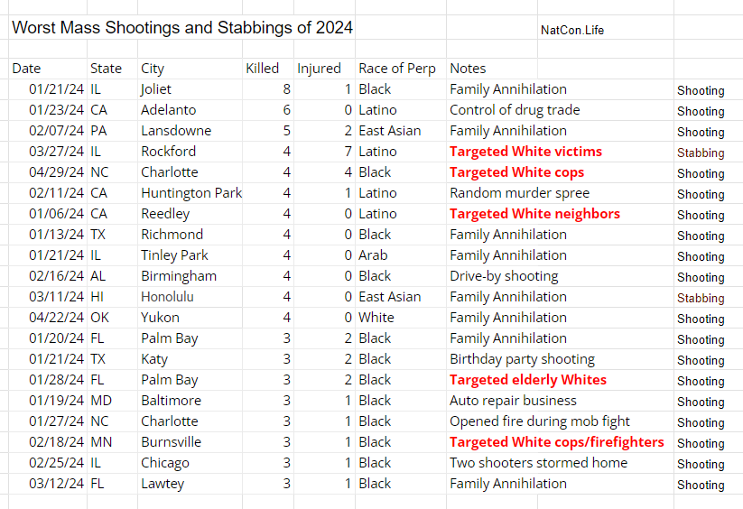 2024 is turning into a year with a high number of deadly interracial mass killings, but the dynamic is the exact opposite of what US President Joe Biden and various media and non-profit personalities have hyped as the leading threat.

#MassShootings #Hatecrime