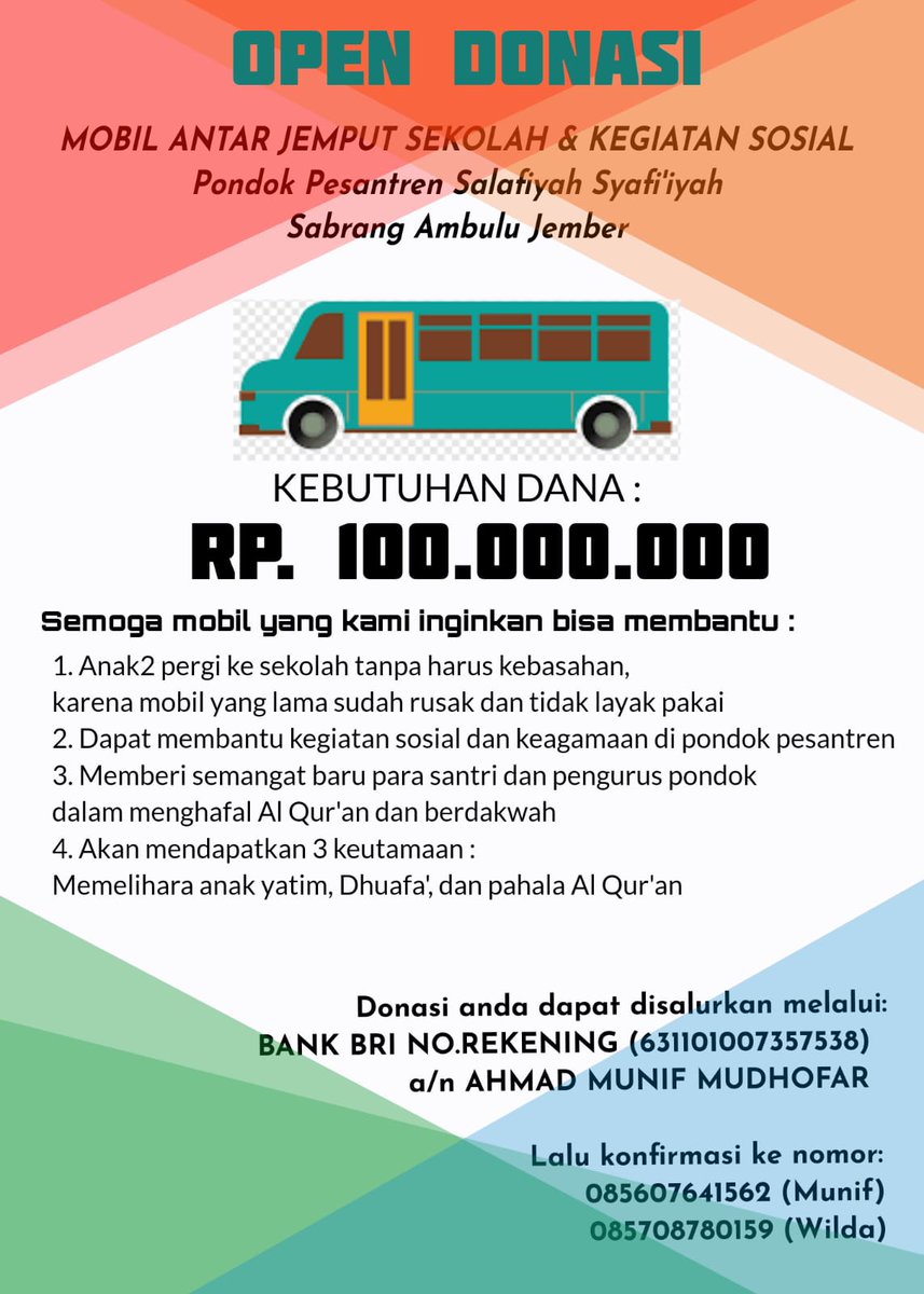 muni3f's tweet photo. buka donasi
mobil antar jemput sekolah dan kegiatan sosial pondok pesantren Salafiyah Syafi'iyah https://t.co/b5I9ebA7Nr