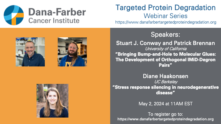 Join our next TPD Webinar, 2nd May, 11AM EDT/ 8AM PT/ 4PM BST / 5PM CEST @conway_group, @PatrickJosephB - 'Bringing Bump-and-Hole to Molecular Glues: The Development of Orthogonal IMiD-Degron Pairs' @DianeHaakonsen - 'Stress Response Silencing in Neurodegenerative Disease'
