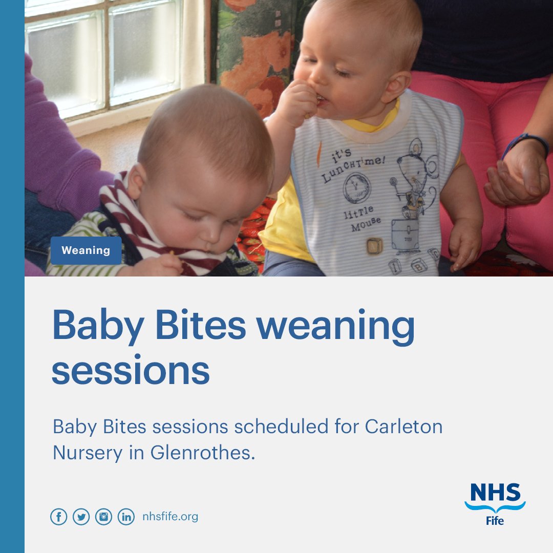 Baby Bites is an interactive weaning session for babies of around six months and their parents or carers. 📆 7 May and 4 June 🕛 1.45pm - 3pm 📍 Carleton Nursery, Glenrothes ☎️ Please call the nursery to book your place and let the centre know any allergies when booking.