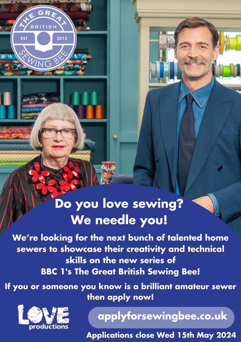 We are keen to hear from anyone 18+ who has a passion for sewing and creating clothes for themselves or others, so if you or someone you know is a talented amateur sewer then please do encourage them to apply at applyforsewingbee.co.uk
Applications Close: 8pm, 15th May 2024