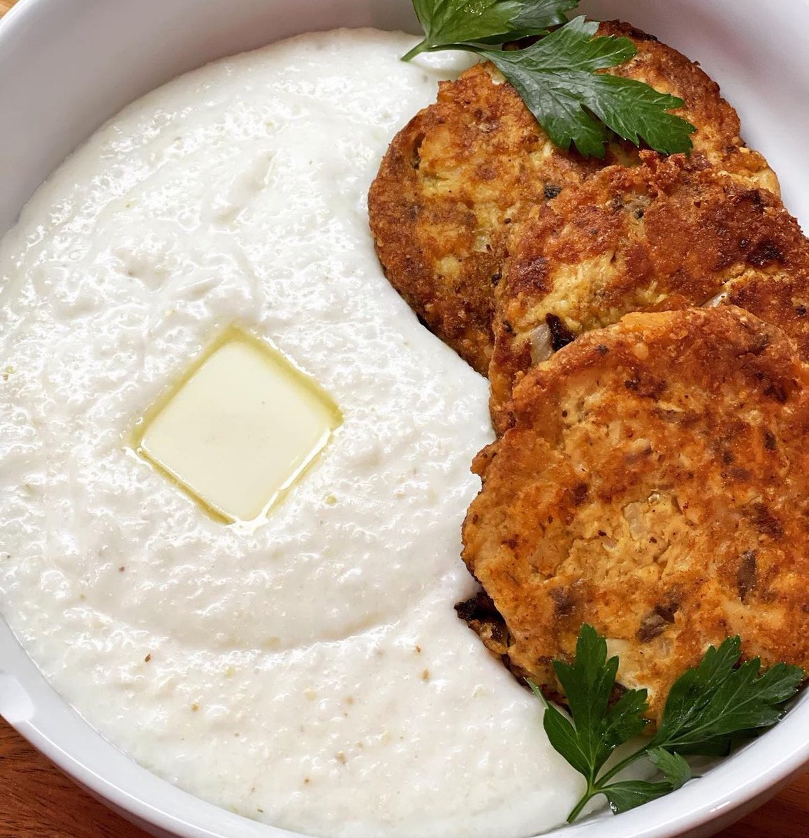 Salmon croquettes and smoked Gouda grits.