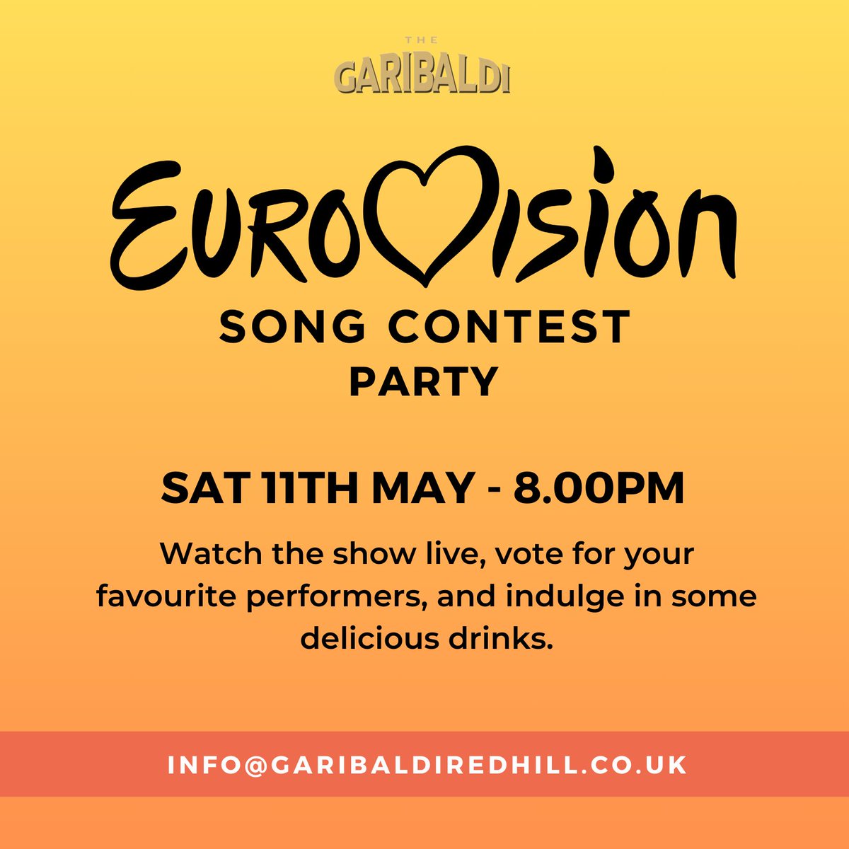 EUROVISION PARTY: Sat 11th May | 8.00pm Watch the show live, vote for your favourite performers, and indulge in some delicious drinks.