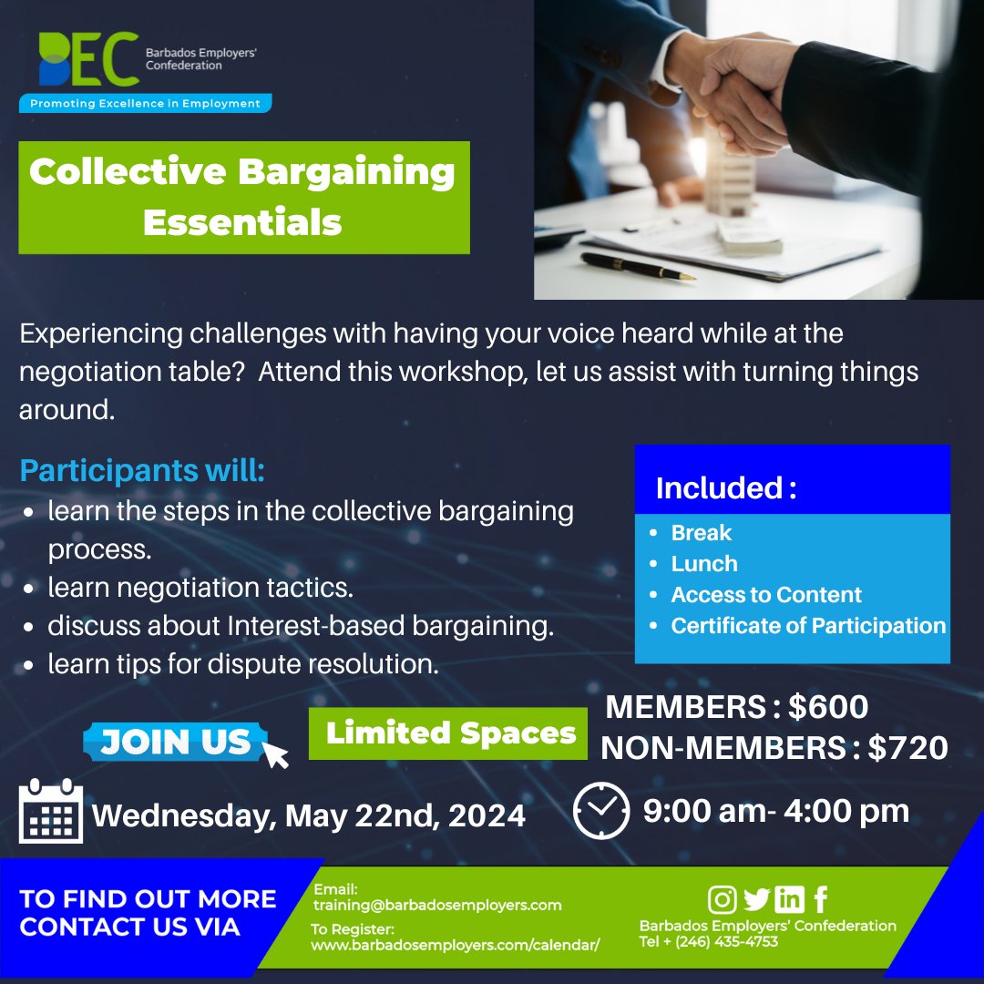 Do you want a better understanding of the collective bargaining process?

Register for our workshop on May 22nd. To sign-up, visit: 👇barbadosemployers.com/events/collect…

#barbadosemployersconfederation #collectivebargaining #industrialrelations