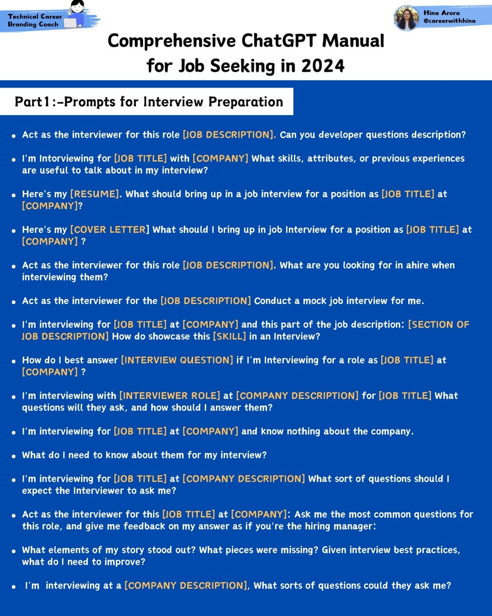careerwithhina's tweet image. 🎯Unlocking Success: The Ultimate ChatGPT Job Seeker's Manual for 2024
🚀Part 1: Elevate your Interview Game
#JobSeeking #InterviewPrep #ChatGPTGuide