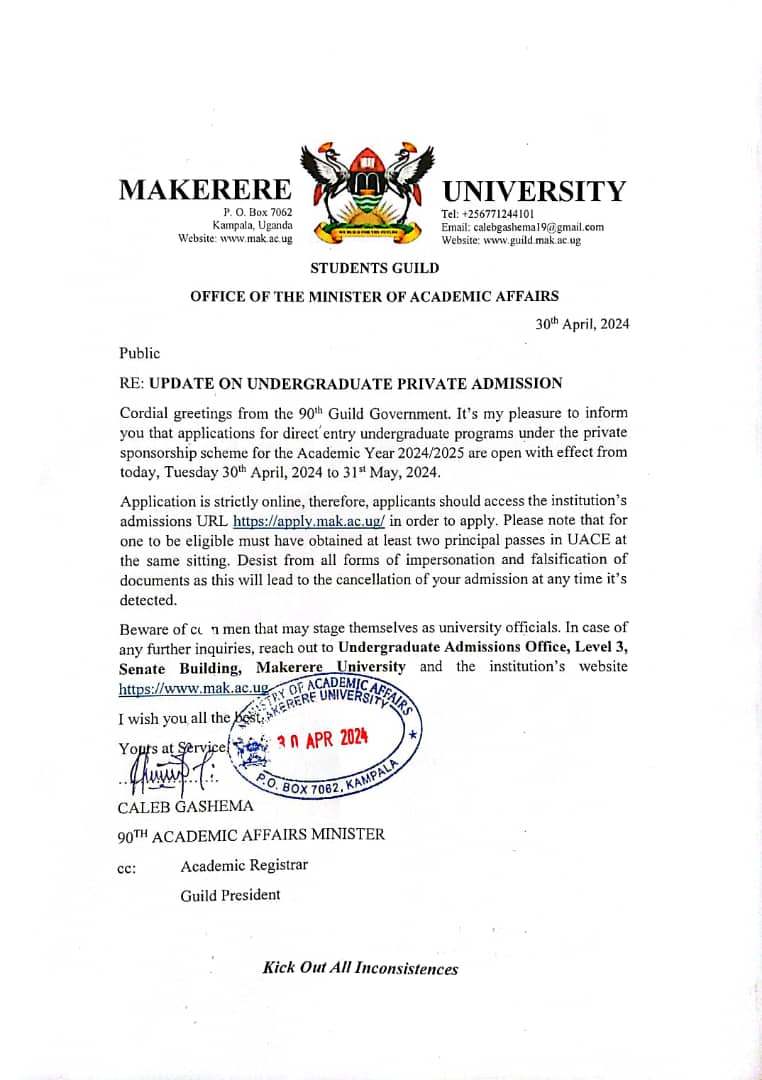 The applications for admission to undergraduate programmes 2024/2025 Academic Year are open. The deadline is 31st May 2024.