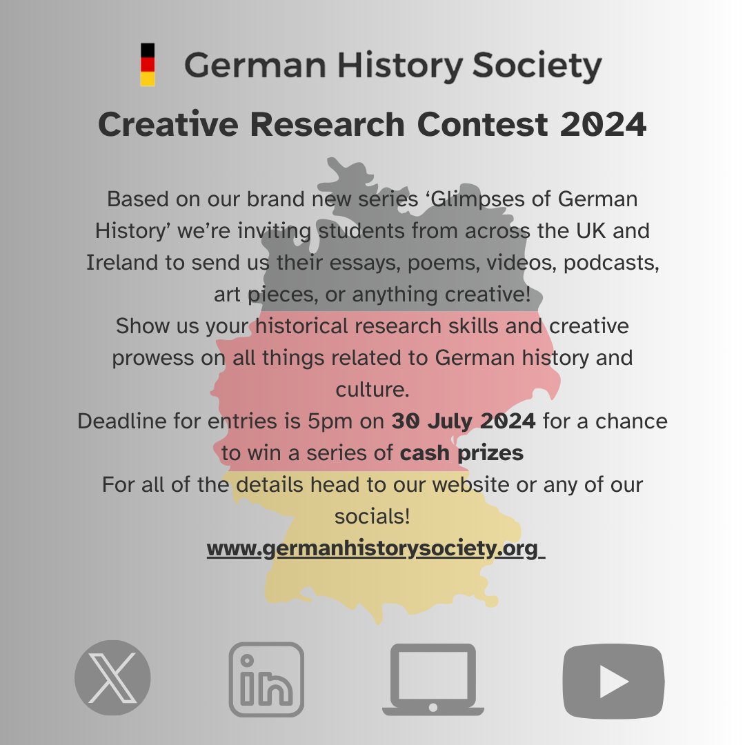 📢CREATIVE RESEARCH CONTEST📢 The GHS is accepting entries for this competition for students under 18 in the UK and Ireland. 🖥️All the details can be found here at our website: germanhistorysociety.org/2023/11/24/cre…