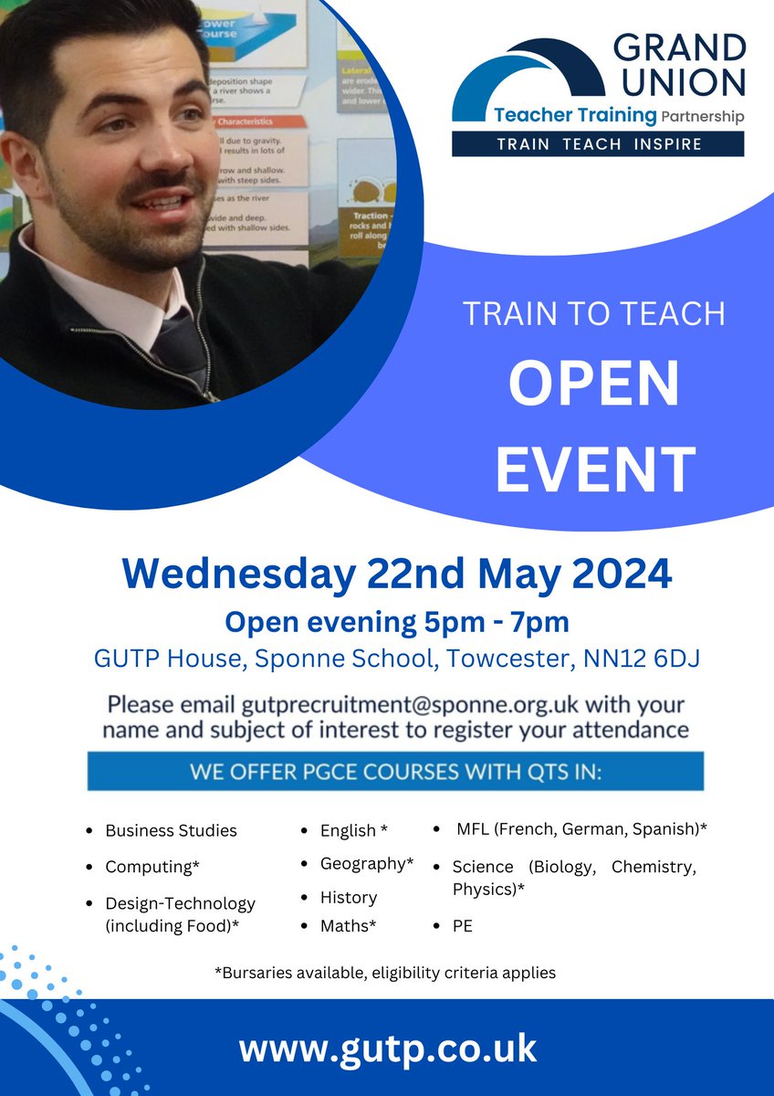 The GUTP are holding an Open Evening on Wednesday 22nd May between 5 - 7pm. Come along to meet us and ask questions about training to teach.

To register, please email gutprecruitment@sponne.org.uk with your subject of interest.

#thegutp #traintoteach #PGCE #QTS #SCITT