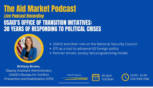 Join us TODAY at noon! OTI Director Brittany Brown will be on The AID Market Podcast. Learn more about how OTI has responded to political crises for the last 30 years! Register here. linkedin.com/.../usaid.../