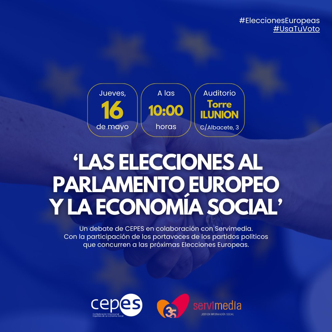 📅16 de mayo a las 10.00h Reserva la fecha para asistir al debate ‘Las elecciones al Parlamento Europeo y la #EconomíaSocial’ 👥Con los portavoces de los partidos políticos, previo a las #EleccionesEuropeas 🗣para hablar del papel de la #ES en #Europa y el futuro Parlamento EU