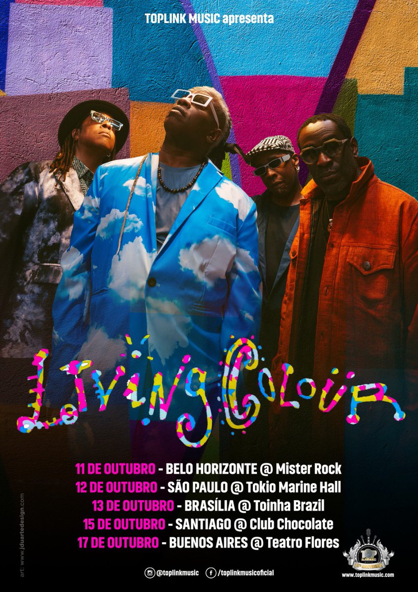Living Colour returns to Brazil, Chile, Argentina! 11 DE OUTUBRO - BELO HORIZONTE @ Mister Rock 12 DE OUTUBRO - SÃO PAULO @ Tokio Marine Hall 13 DE OUTUBRO - BRASÍLIA @ Toinha Brazil 15 DE OUTUBRO - SANTIAGO @ Club Chocolate 17 DE OUTUBRO - BUENOS AIRES @ Teatro Flores