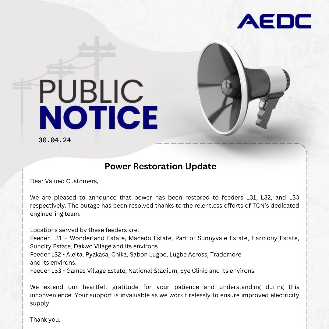 Dear Customers, This is for your information. #AEDC #Abujadisco #PowerofCommitment