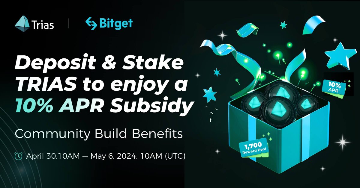 🤩Trias x Bitget Community Build Benefits! We're excited to launch the second joint event between Trias and @bitgetglobal communities, offering fantastic bonuses tailored specifically for both communities. Deposit and stake TRIAS on #Bitget exchange to claim up to a 10% APR and…