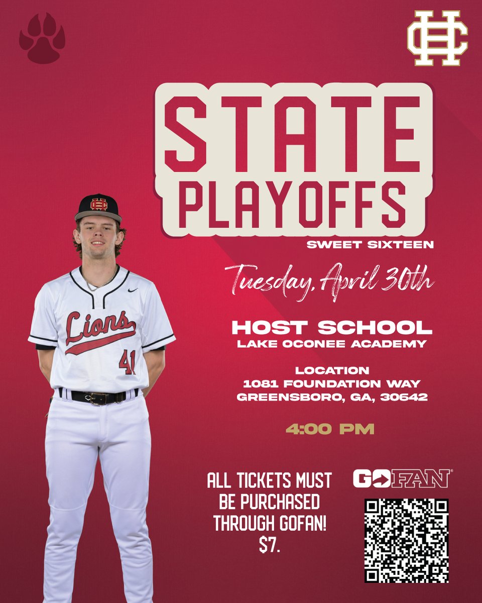 Our Lions Baseball team won 1 & lost 1 yesterday @ Lake Oconee Academy. They play game #3 today. Good Luck, guys! GoFan Tickets = $7 🦁⚾🥳

#statetournament #GoLions #chsfamily #THELIONWAY #LionFamily #AthleticsThatBuild #CHSLions #lionpride🦁 #chslions @CHS_Lions_Base