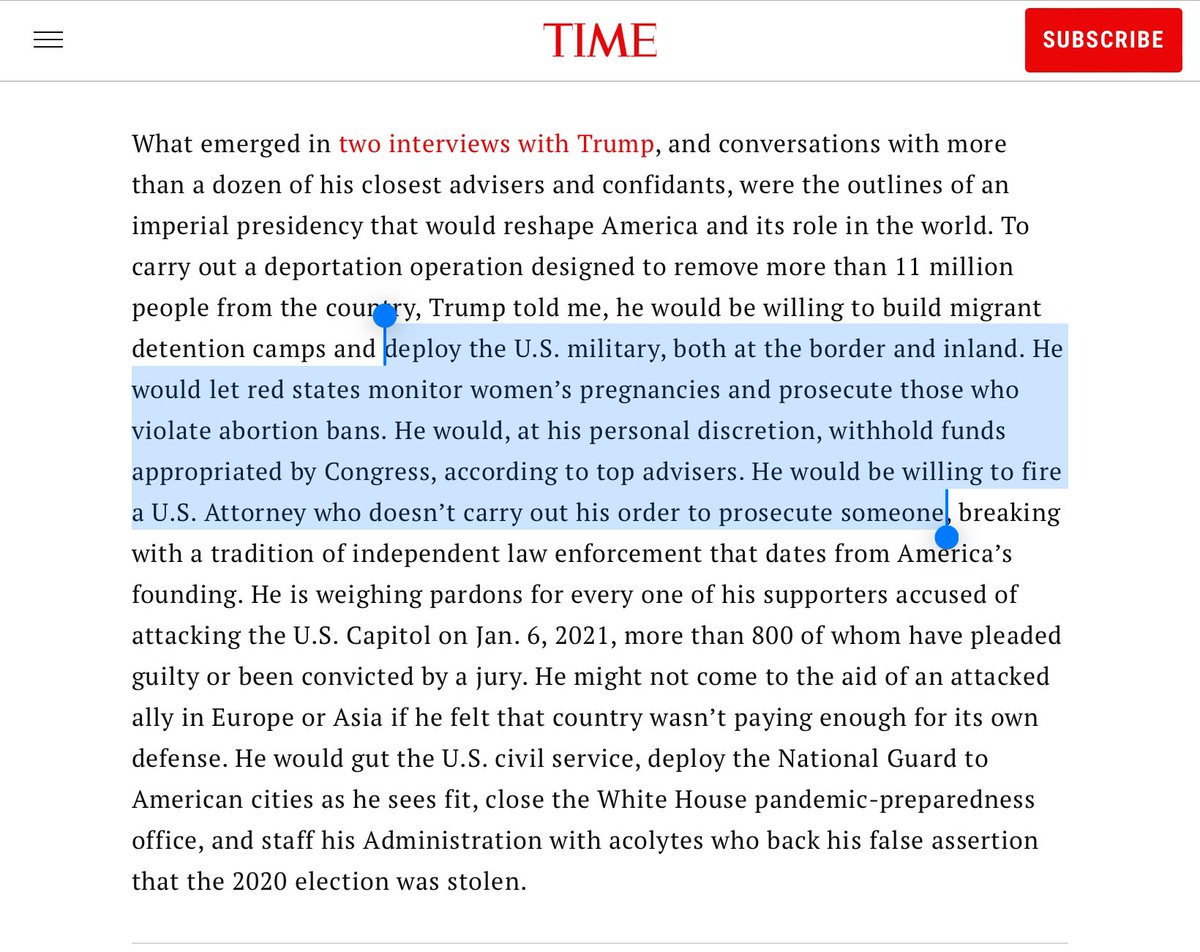 If you think it’s hyperbole that Donald Trump would be a dictator In a 2nd term he’d order US Attorneys to prosecute whoever he wants The military would be deployed within the US And red states would monitor a woman’s pregnancy to prosecute her if she violates an abortion ban