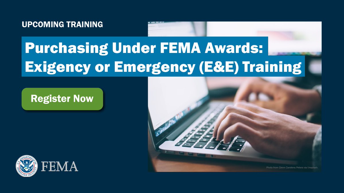 Join us tomorrow at 2 pm ET for a 1-hour webinar on the federal procurement under grants rules applicable when purchasing during exigency or emergency circumstances. Register now⤵️ fema.gov/event/exigency…