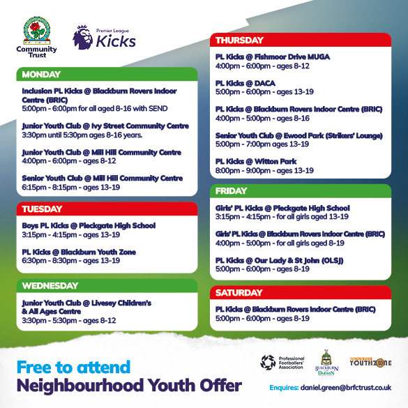😀We have a number of exciting #PLKicks and Neighbourhood Youth Offer sessions available around Blackburn we run weekly, take a look 🔽

❌Please note we are unable to run the Thursday 4-5pm #PLKicks session at the BRIC this week.

#BRCTInclusion #BRCTYouthParticipation |…