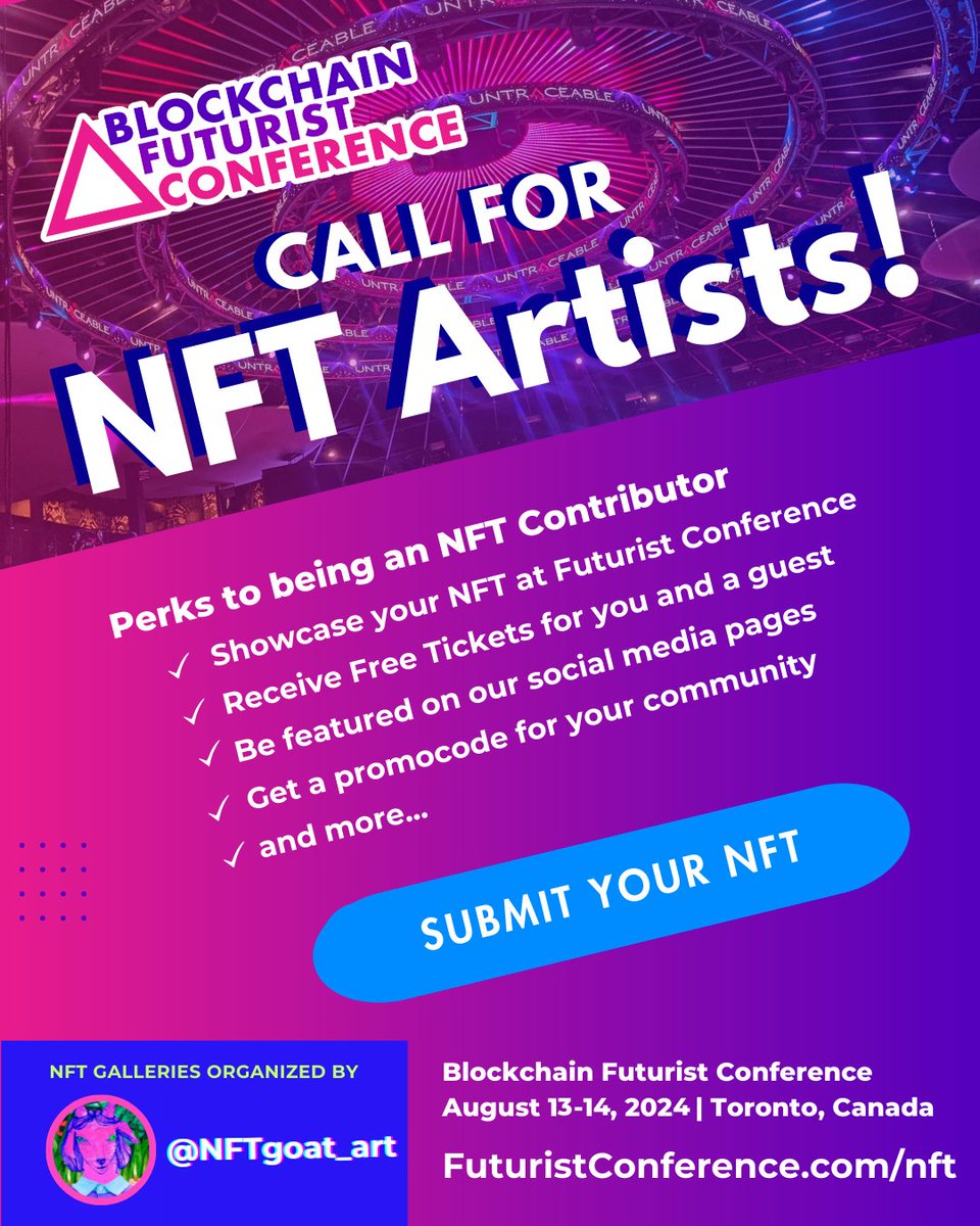 🎨 CALLING ALL NFT ARTISTS 🎨 Applications are now open to display your #DigitalArt at #Futurist24 🚀 NFT Galleries are presented by @NFTgoat_art 🐐 APPLY HERE ➡️ FuturistConference.com/nft
