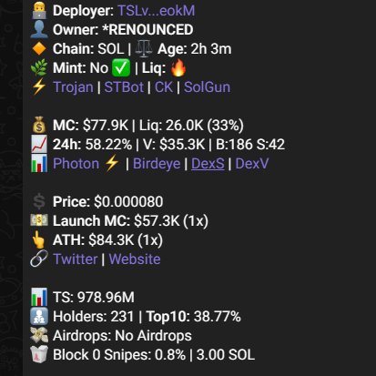 Gm guys, aped some $dono at 80k mc cap. Currently sitting at 120. Great volume and almost no snipers on first block.

CA:6DDT5g7RHdY5FMSmFHrPmGDfzQ1zsbotLU3NuzDtmjuA