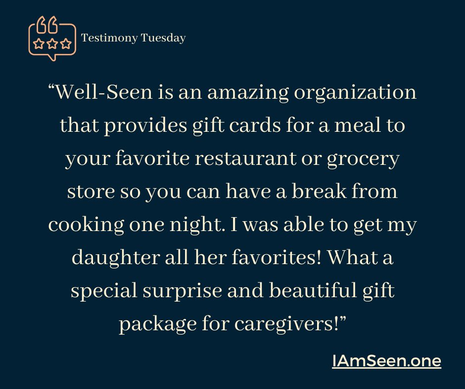 This testimony is not possible without our donors. Will you consider becoming one to bless family caregivers like this one? 

#wellseen #seenheardloved #caringforcaregivers #mealsforcaregivers #familycaregivers #resourcesforcaregivers #testimonytuesday