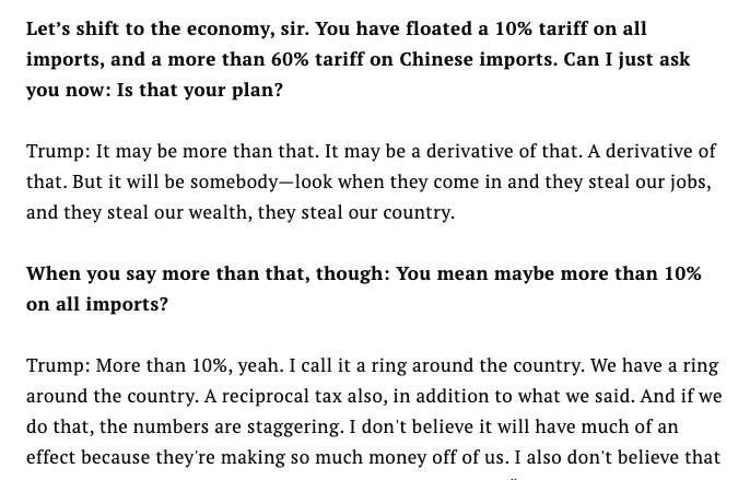 🚨 Trump says the tax he wants to implement on virtually everything you buy could be in excess of the 10% figure he's floated before.