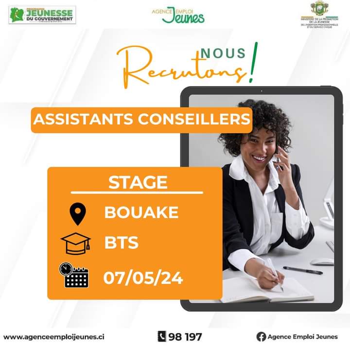 #Jobalerte 🚨𝐒𝐓𝐀𝐆𝐄 L'Agence Emploi Jeunes recrute 4 stagiaires assistants conseillers, pour le compte d'un partenaire à Bouaké. Vous êtes intéressé ? Postulez ici ➡️ci.ci/ATpB 📌𝐓𝐨𝐮𝐬 𝐥𝐞𝐬 𝐬𝐞𝐫𝐯𝐢𝐜𝐞𝐬 𝐝𝐞 𝐥'𝐀𝐠𝐞𝐧𝐜𝐞 𝐬𝐨𝐧𝐭 𝐠𝐫𝐚𝐭𝐮𝐢𝐭𝐬.