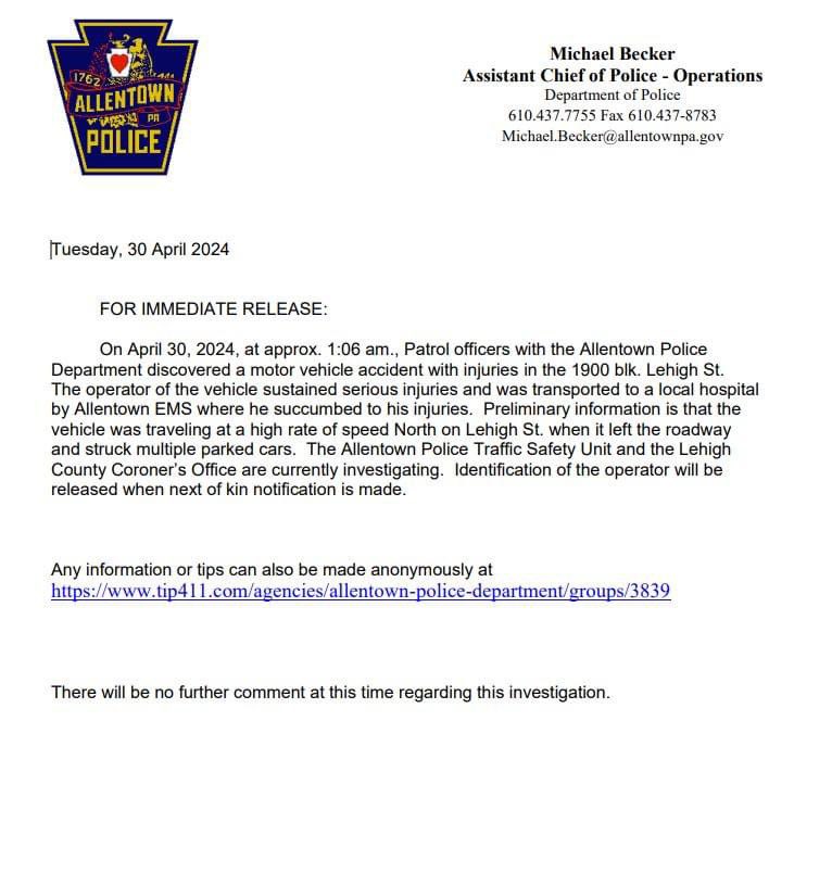 MEDIA RELEASE: Accident with injuries. #AllentownPolice