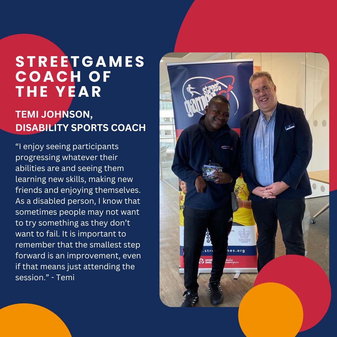 This #UKCoachingWeek we're celebrating our Coach of the Year Award winner, Temi Johnson of @DSC_13, for his fantastic work supporting young people with disabilities to get involved in sport and physical activity 🏆 Read Temi's story: streetgames.org/case-studies/v… #ThanksCoach