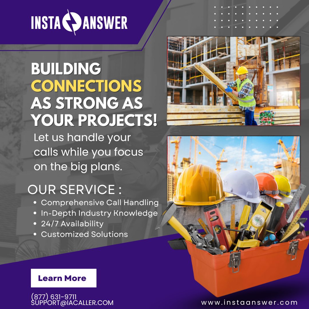 From blueprints to blue skies, we're the missing piece in your construction puzzle! Let us take care of your calls while you build your dreams.

Dial (877) 631-9711 or email support@iacaller.com today!

#Construction #CustomerSuccess #InstaAnswer #CustomerService