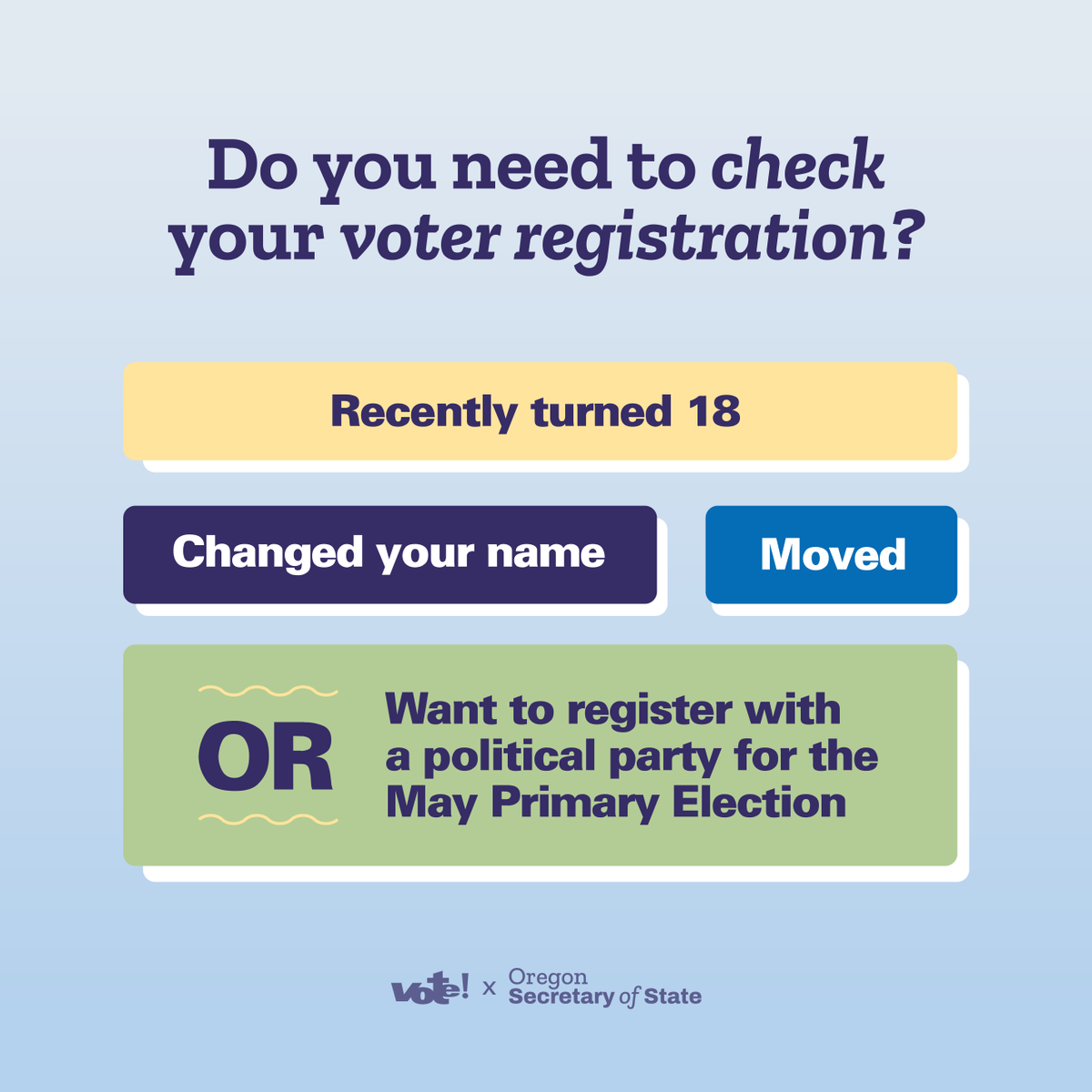 ULPDX's tweet photo. Oregon has one of the highest voter registration rates in the country – Oregonians are voters! The deadline to register to vote for the May primary election is TODAY. Visit https://t.co/BPLhxgetCw to check your info today. #ReclaimYourVote #ORElections https://t.co/J3bLjWT2Xg
