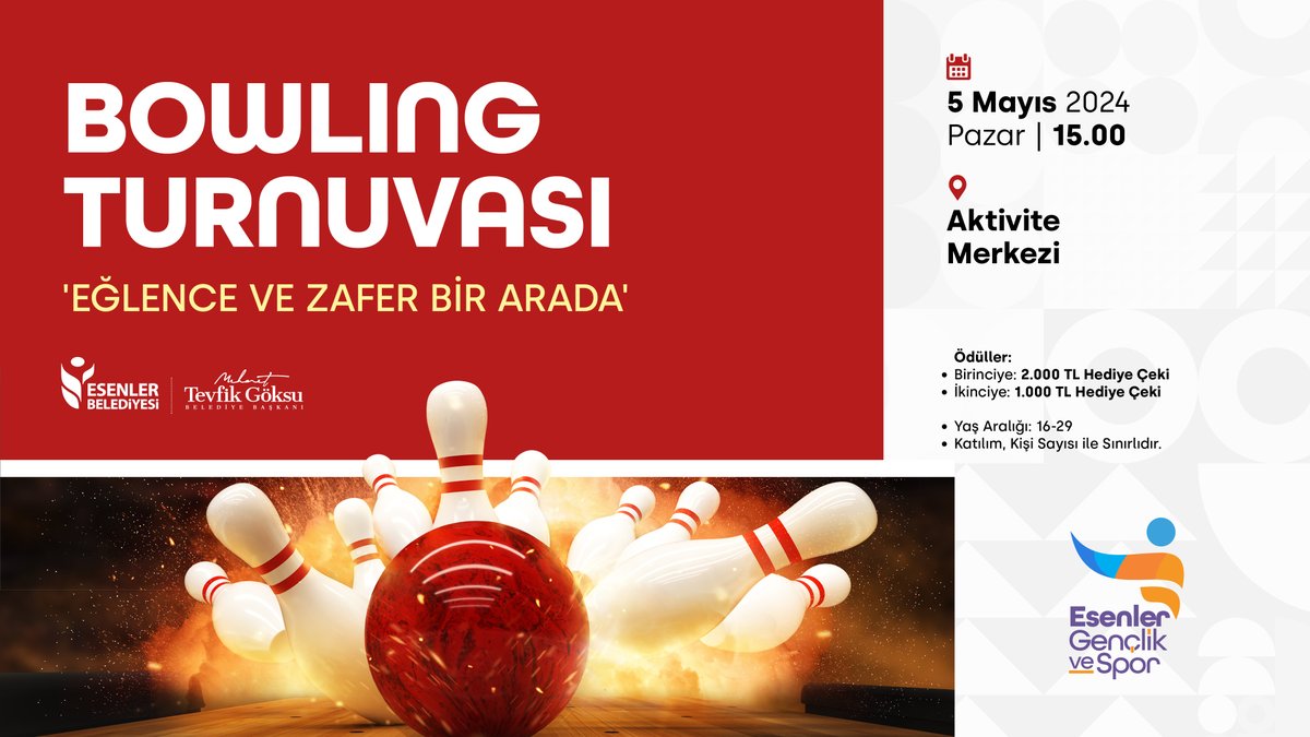 Esenler’de #Bowling Turnuvası mı? 🎳 #OİşBizde 😎 Birinciye 🥇 2.000 TL Hediye Çeki İkinciye 🥈 1.000 TL Hediye Çeki 📅 5 Mayıs Pazar ⏰ 15.00 📍Esenler Gençlik Merkezi / Aktivite Merkezi