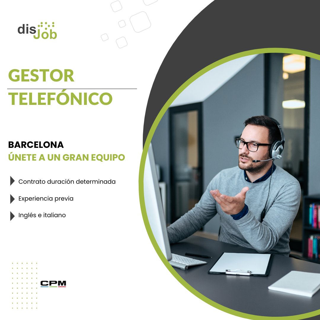 💪 ¡Únete a un gran Equipo! 

CPM International busca: 
🟢 Gestor Telefónico 

¡Inscríbete! ➡️bit.ly/3waBSE6

#EmpleoDiscapacidad #ofertasdeempleo #OfertasLaborales #Ofertasdetrabajo #Empleo #Disjob #AC