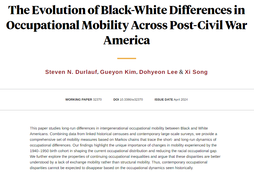 Using Markov Chain methods to study post-bellum occupational dynamics. Despite reductions for the 1940-1950 cohort, Black-White differences do not self-correct over the long run, from @sndurlauf, @Gueyon_Kim, Dohyeon Lee, and @xisong nber.org/papers/w32370