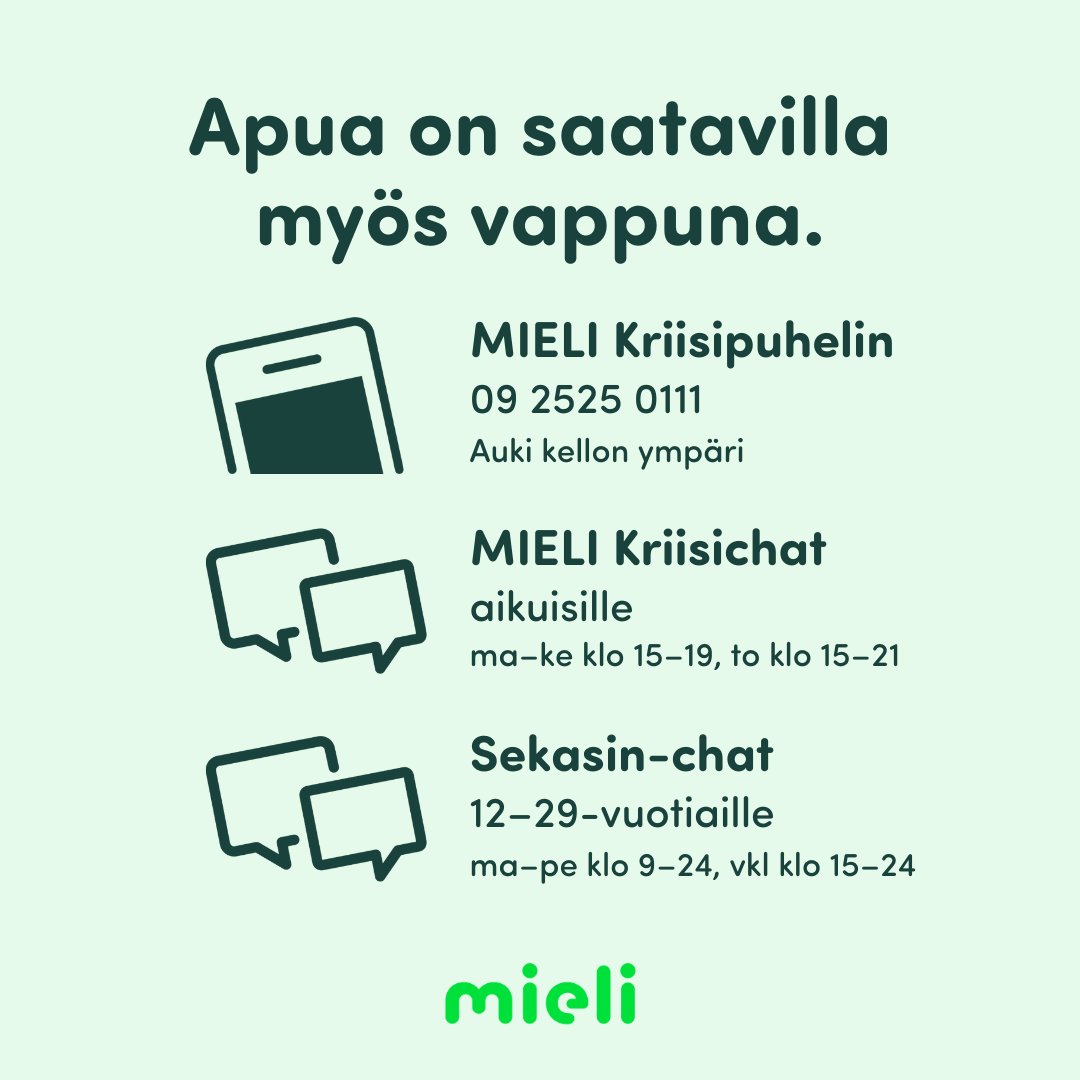 Apua on saatavilla myös vappupäivänä. 📞 MIELI Kriisipuhelin numerossa 09 2525 0111. 💻 MIELI Kriisichat aikuisille klo 15–19. 📲 Sekasin-chat nuorille klo 9-24. #mielenterveys #kriisiapu