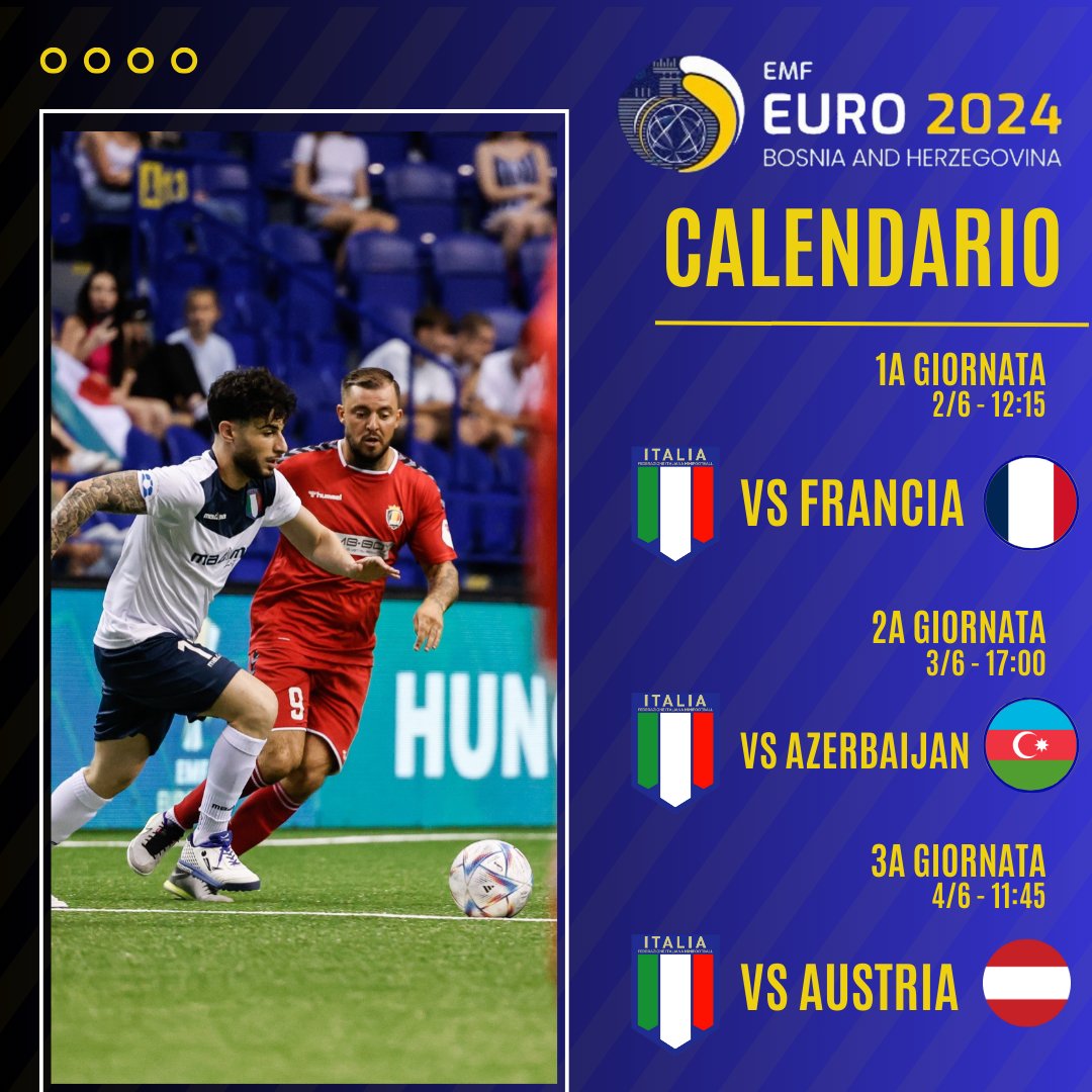 Ecco il calendario dell’Italia a Euro24 ⚽️
1-8 giugno, Sarajevo, Bosnia-Erzegovina 🇧🇦

Il calendario completo del campionato europeo è visibile qui: minifootballitalia.it/.../il-calenda…
#minifootball #minifootballitalia #minifootballeurope #EMF #emfeuro24