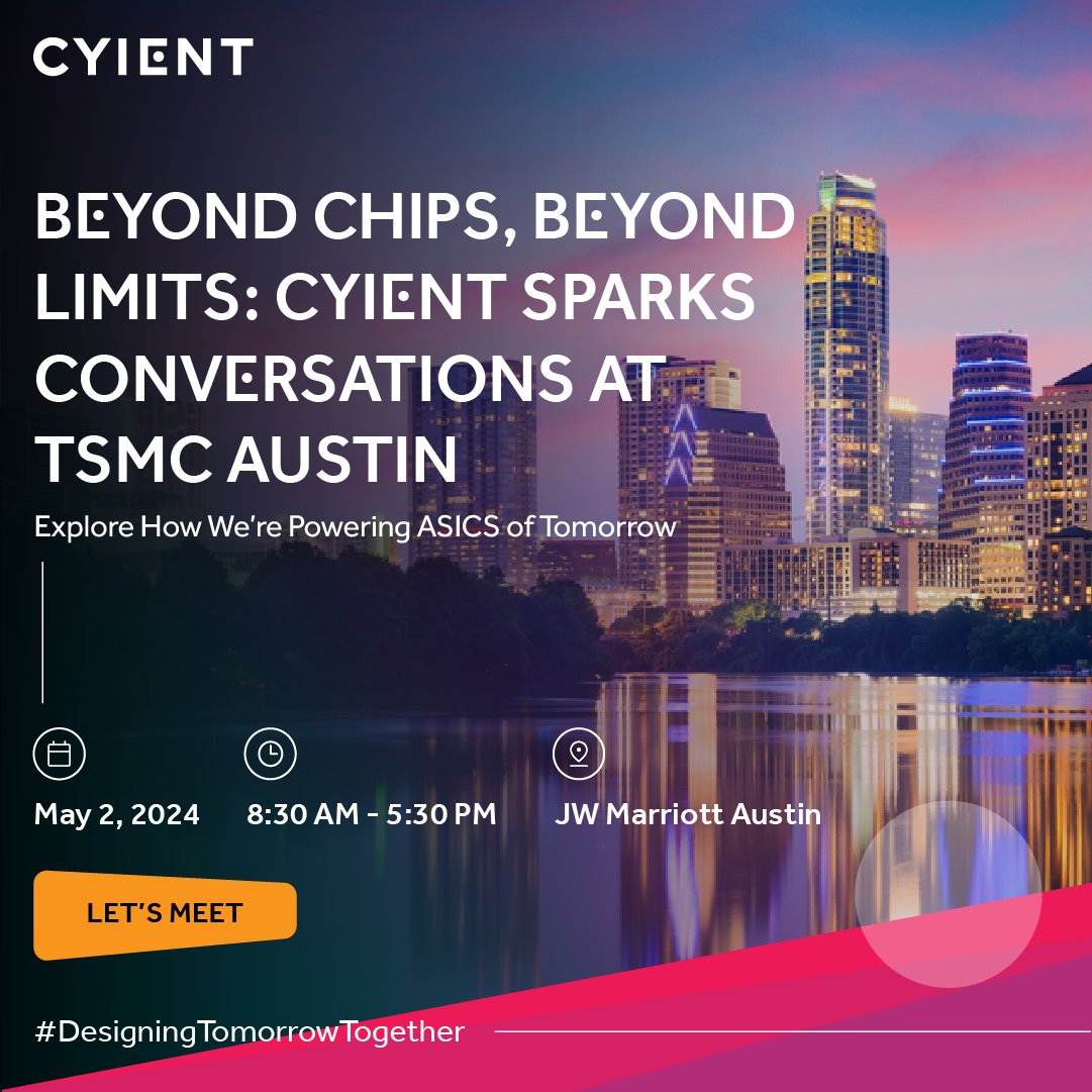 Your groundbreaking ideas deserve groundbreaking chips. Forget limitations and join @Cyient at TSMC Austin📍 on May 2, 2024 📅, to discover how our expertise in VLSI, SoC, and ASIC can drive differentiation and long-term success. tinyurl.com/bd99ce7h #TSMCAustin #Cyient