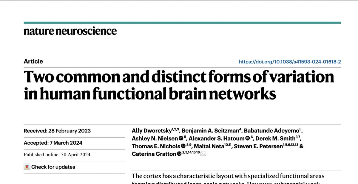 Ever wonder how people's brains differ from one another? ➡️ Individual differences in 🧠 organization commonly come in 2 forms: shifts in borders & 'ectopic intrusions' far from expected locations Now out in @NatureNeuro, led by @allydworetsky rdcu.be/dGeIp 🧵soon!