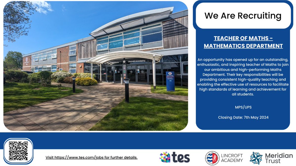 A brilliant new opportunity has opened within our school, join our team as a Teacher of Maths for our Mathematics Department. Application Closing Soon! Apply Via Tes