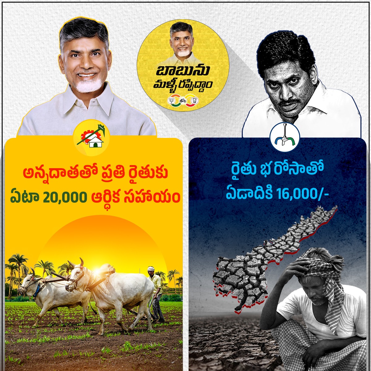 YSRCP: రైతు భరోసా కింద వైసీపీ రైతులకు రూ.16వేల ఇస్తామని హామీ TDP: ప్రతి రైతుకు ఏడాదికి రూ.20వేలు పెట్టుబడి సాయం అందిస్తామని కూటమి హామీ #PrajaManifesto #AndhraPradesh