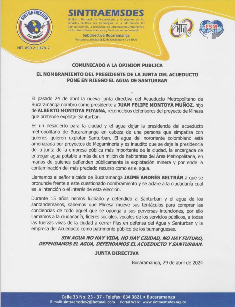 #Atencióm El sindicato del Acueducto de Bucaramanga rechazó el nombramiento de Juan Felipe Montoya como presidente de la junta de la compañía. 'Pedimos al alcalde Jaime Andrés Beltrán para que se pronuncie frente a este cuestionado nombramiento', dice el comunicado #MañanasBlu