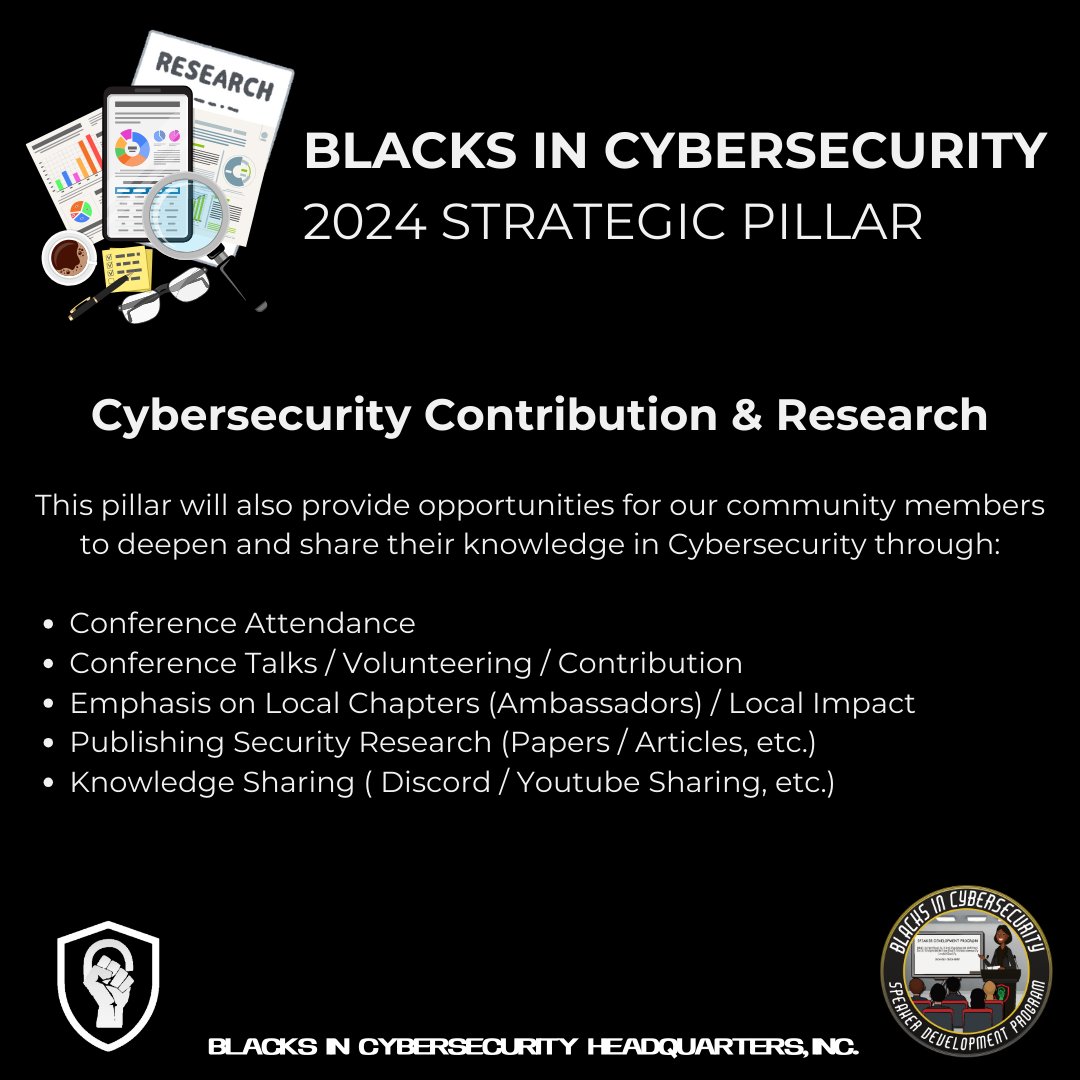 BlackInCyberCo1's tweet photo. Our goal with this new strategic pillar is to play a proactive role in shaping the future of Cybersecurity &amp; Security Research while highlighting the Black Community!

#BlacksInCyber #BlacksInCybersecurity #BlackInCyber #BIC_CLADP #BIC_Training #BICTraining https://t.co/KuLxQEKpxz