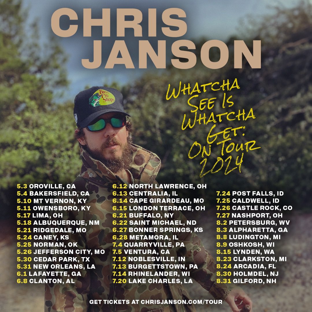 #WhatchaSeeIsWhatchaGet: On Tour 2024 🤘 I can’t wait to get this show on the road! Seeing the fans and playing live is my favorite thing to do. Love ya’ll and can’t wait to see you in a city near you! Get tickets now at chrisjanson.com/tour