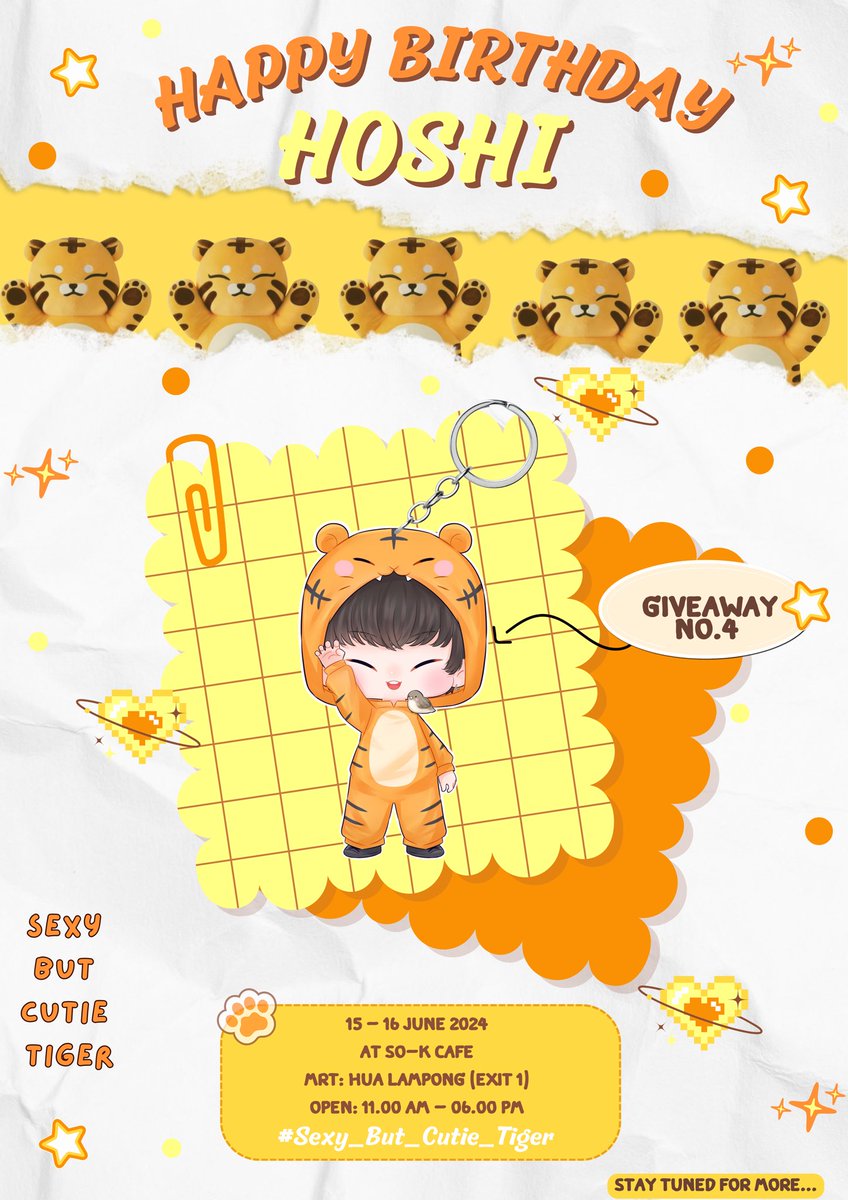 -: Pls kindly rt :- Sexy but cutie tiger 🐯 2024 Hoshi Birthday Cafe Event Giveaway No.4 Acrylic keyring Preview 🗓️ 15-16 June 2024 📍 @so_kcafe 🚆: mrt: Hua Lampong (exit 1) ⏰: Open: 11.00 AM - 06.00 PM #sexy_but_cutie_tiger #Hoshi #호시 #SEVENTEEN #กะรัตพระเวสสันดร