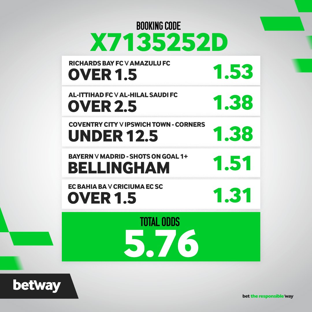 Tuesday Betslip is here 🔥🔥🔥

Here We Go

DSTV Premiership ✅
King's Cup ✅
Championship ✅
UCL ✅
Copa do Brasil ✅

Together Squad ❤️

Bet Code: X7135252D

BET NOW 👉 bit.ly/3A4KXvJ-Betway…

#BetwaySquad