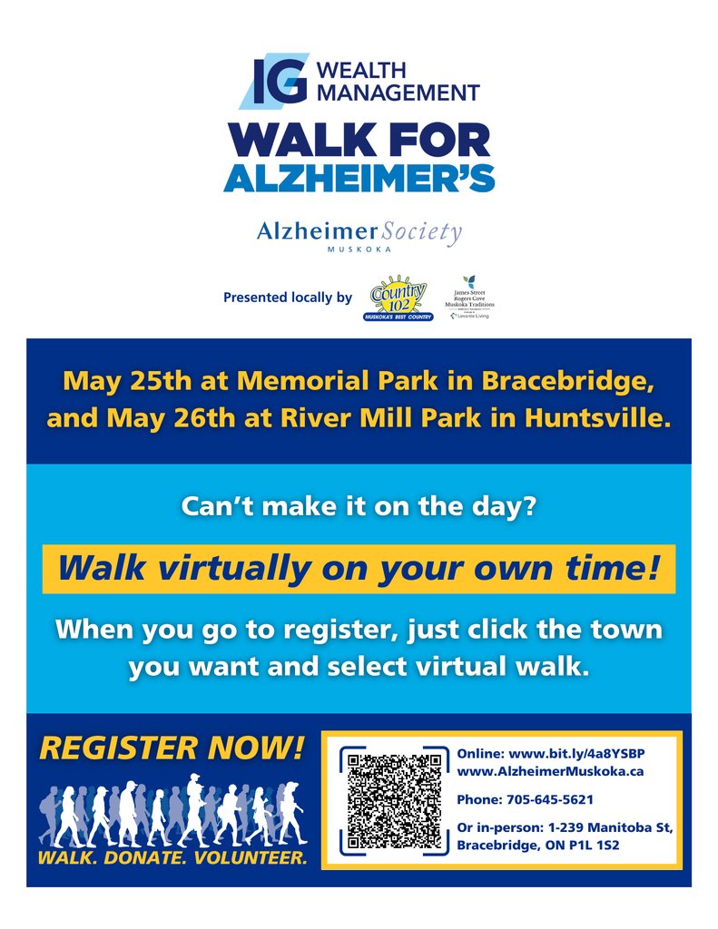 Can't make it to the #IGWalkForAlz on May 25 at Memorial Park in Bracebridge, or May 26 at River Mill Park in Huntsville? Then join virtually on your own time! When you go to register, just click the town you want and select virtual walk. Sign up now: bit.ly/4a8YSBP