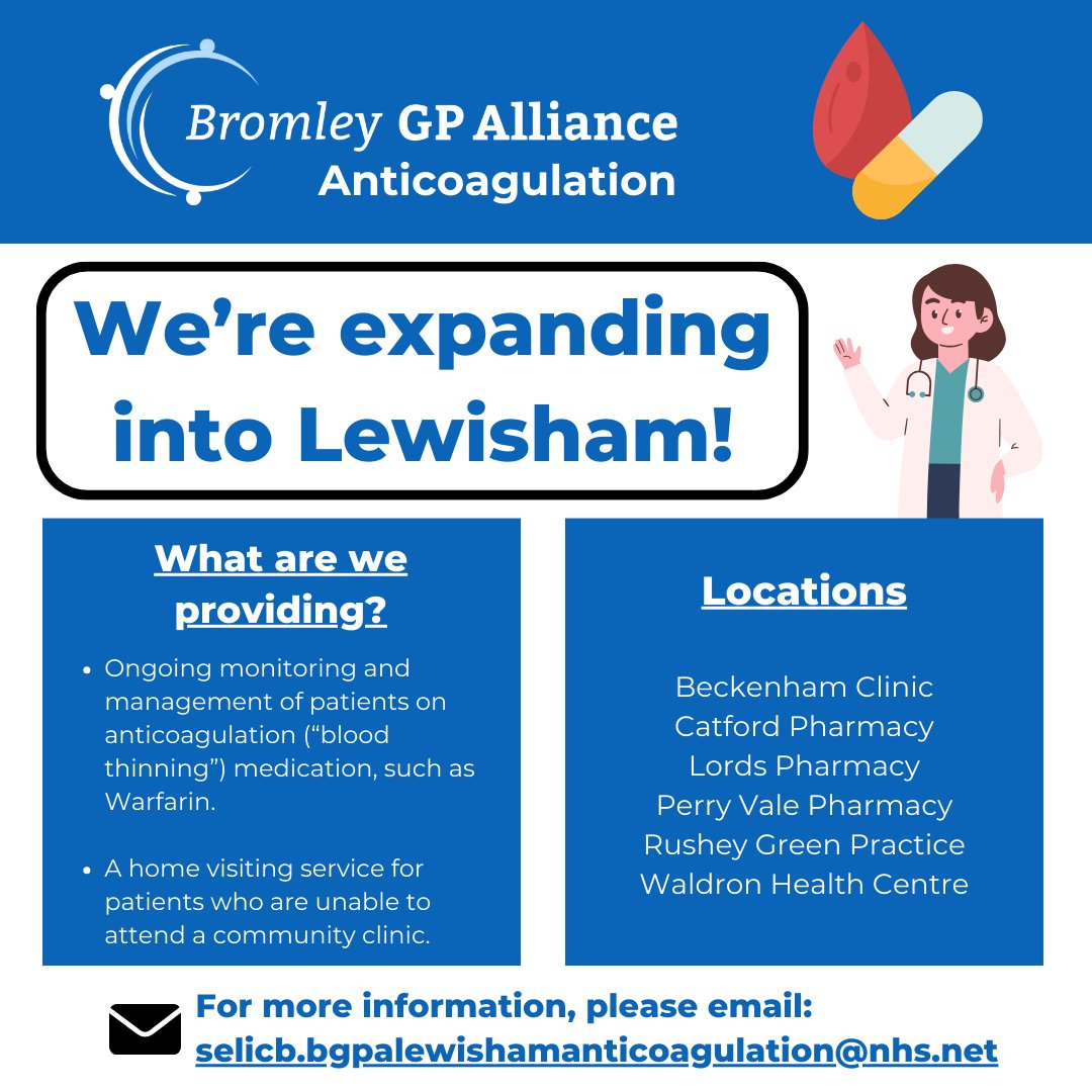 An exciting time for Bromley GP Alliance is on the horizon! 🙌 𝗧𝗼𝗺𝗼𝗿𝗿𝗼𝘄, our Anticoagulation service in #Lewisham is going live - the first time that BGPA will manage a service outside of Bromley! 💻 Read more about our anticoagulation service: bromleygpalliance.org/services/antic…