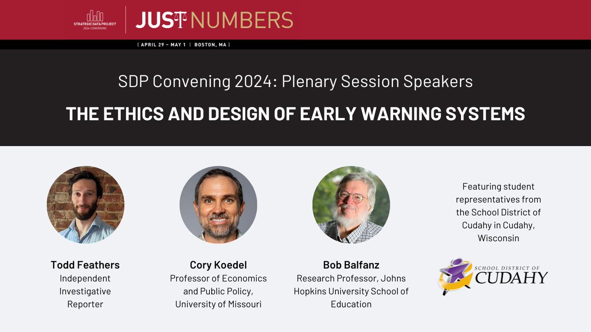 Starting now... our #SDPconvening plenary session on early warning systems moderated by @ToddFeathers, featuring panelists: Cory Koedel from @Mizzou; @bobbalfanz from @JHU_EGC @JHUEducation; student reps from @Cudahy_Schools