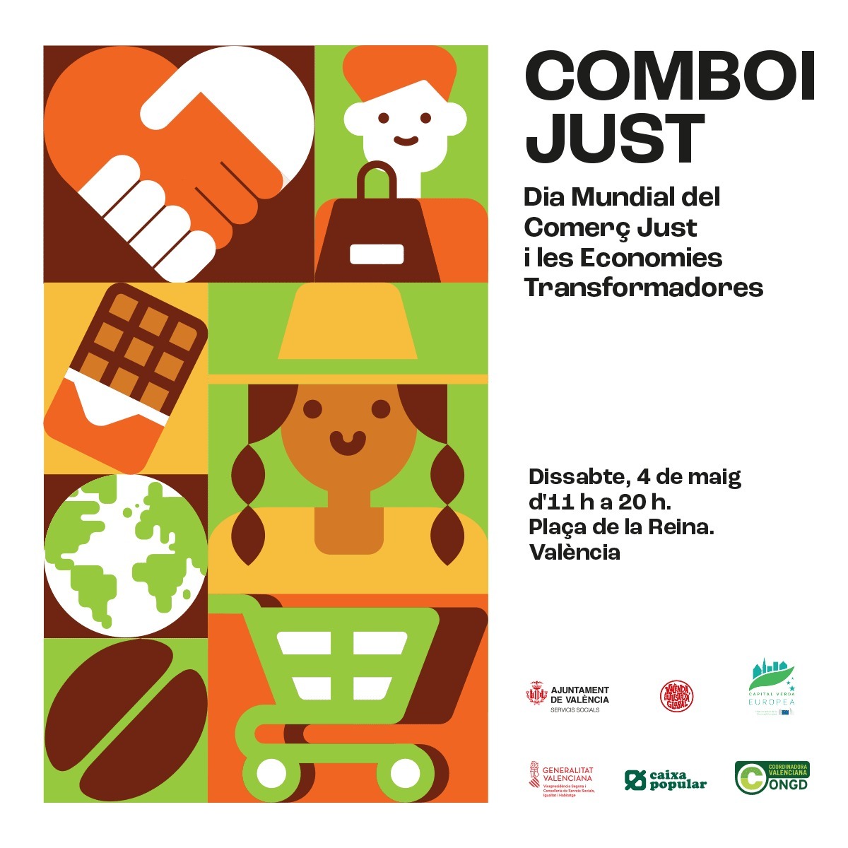 4 maig d'11 a 20 plaça de la Reina, València. Més informació i programa somcomercjust.org Compartirem música, ball, cooperació i el ventall d' alternatives de consum i activisme que generen les entitats de transformació social.