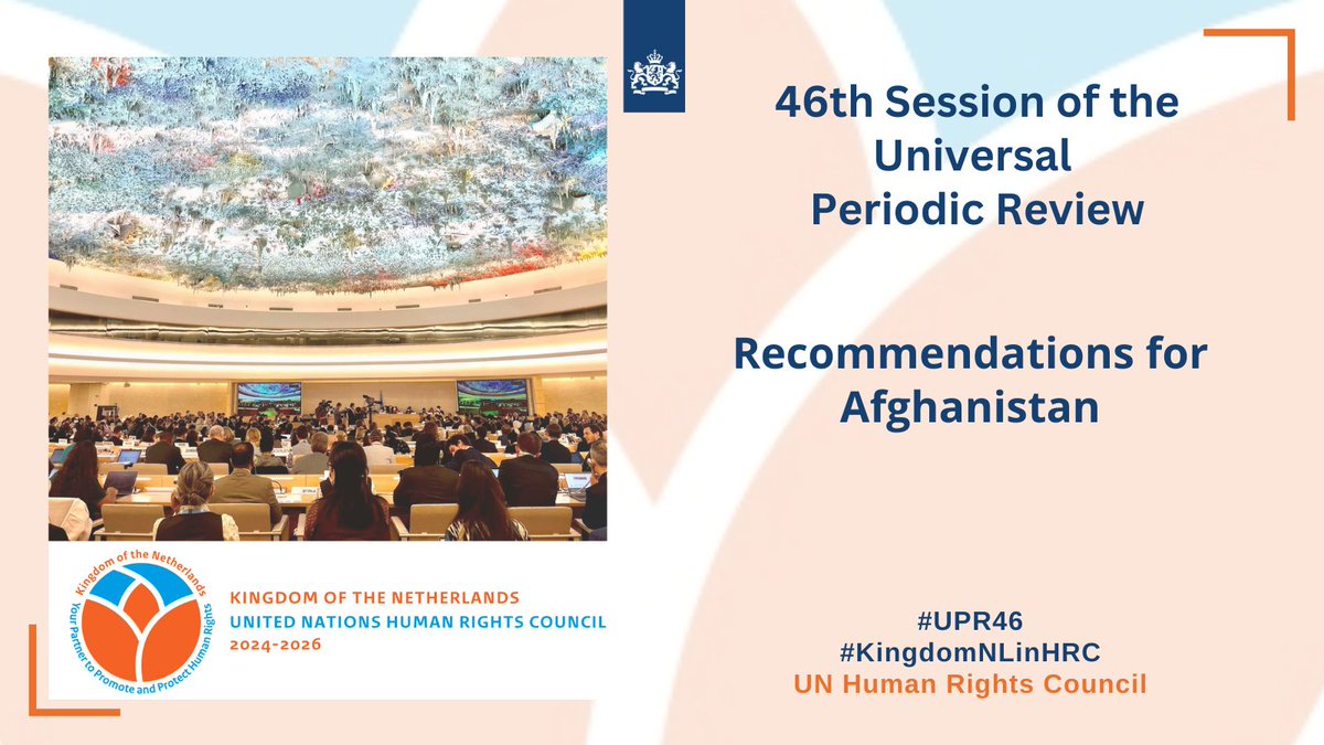 At #UPR46, #KingdomNL recommended #Afghanistan to: 
1) Eliminate restrictions on women’s participation in all aspects of life and re-open education for all.
2) Immediately cease arbitrary arrests and detentions of civil society, #humanrightsdefenders and #journalists.